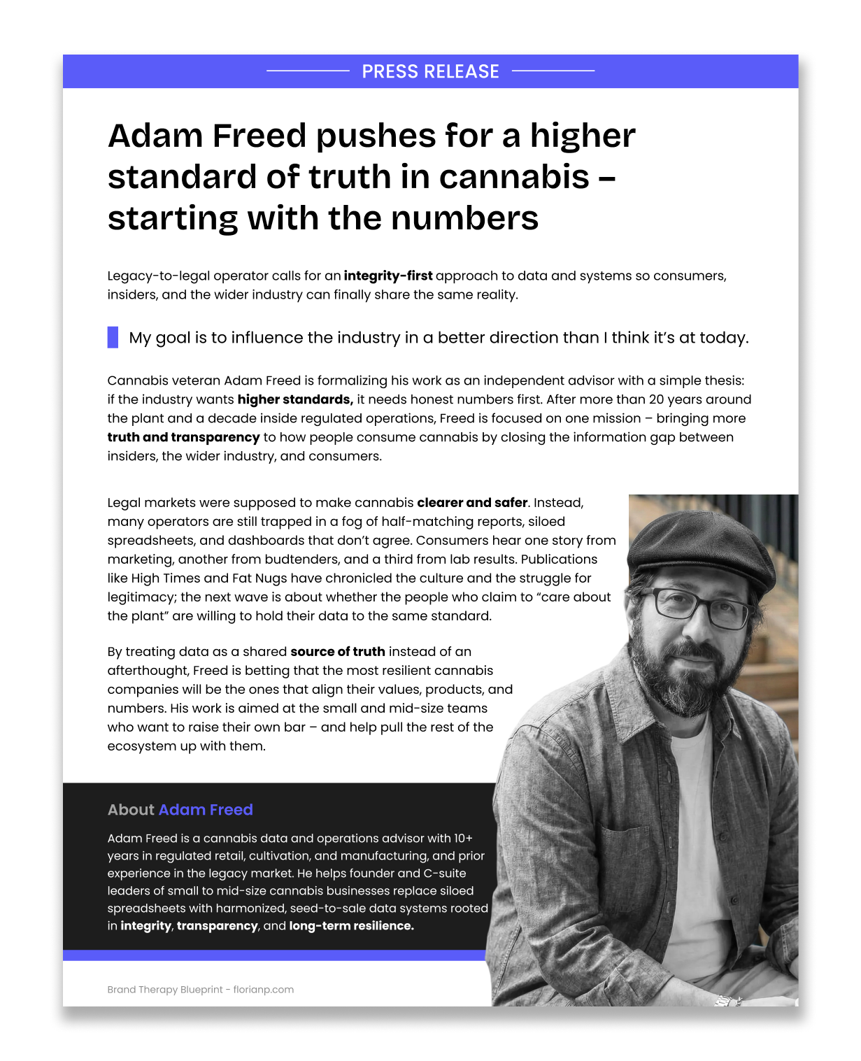 Mock press release from Adam Freed's Brand Therapy Blueprint, showing headline, body copy, pull quote, and author bio