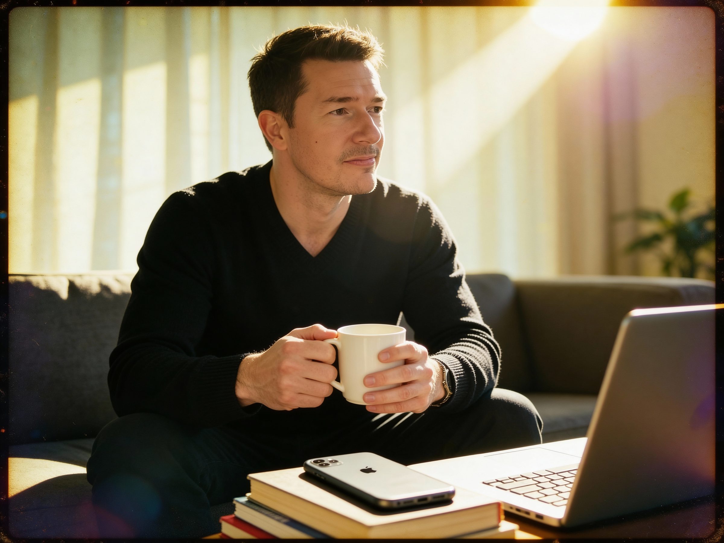 Florian, contemplative, coffee in hand.